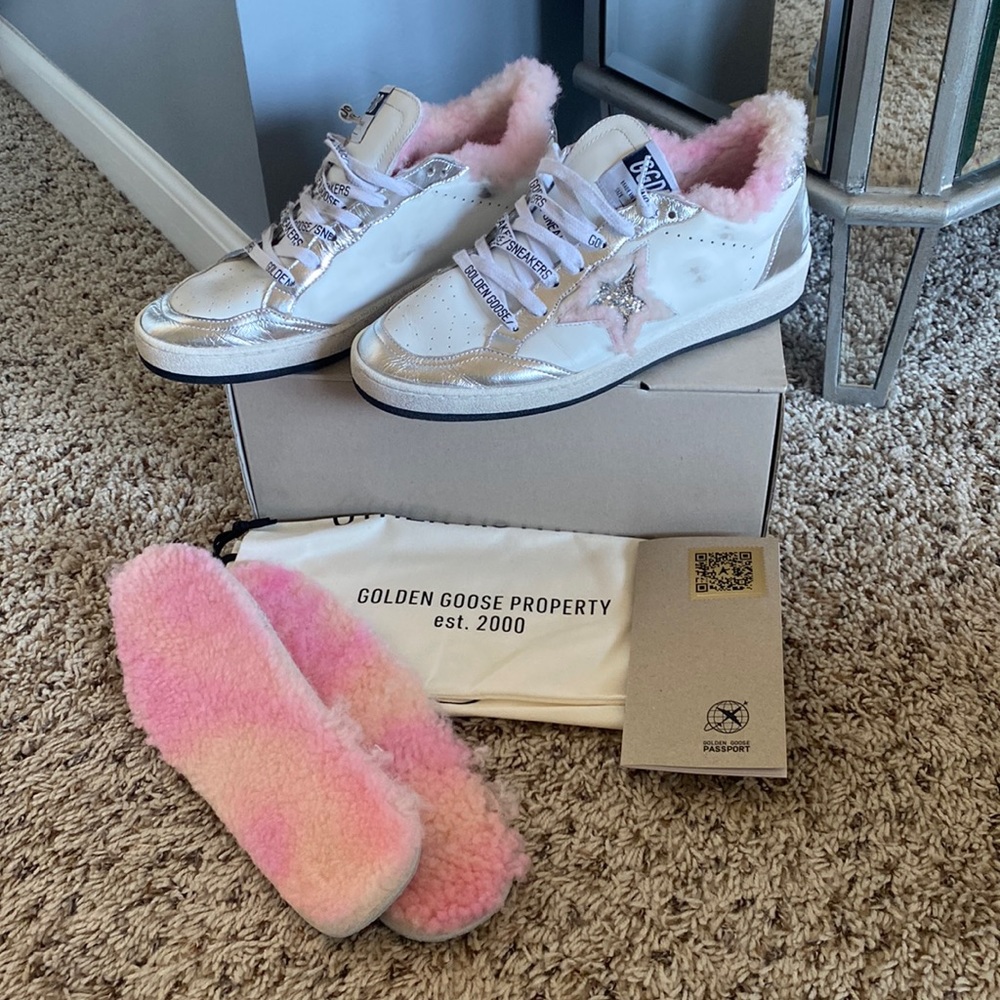 GGDB Ballstar silver glitter and pink shearling sneakers sz 39